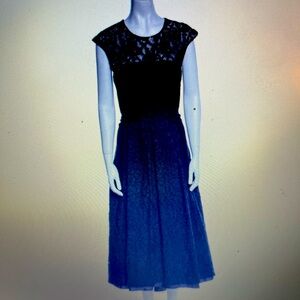 Elegant tea length dress. Lined with lace overlay.